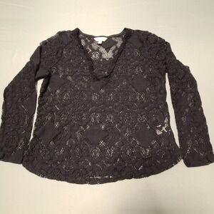 Adiva Black Lace Crochet Blouse Womens Large Sheer Floral V‎ Neck Long Sleeve